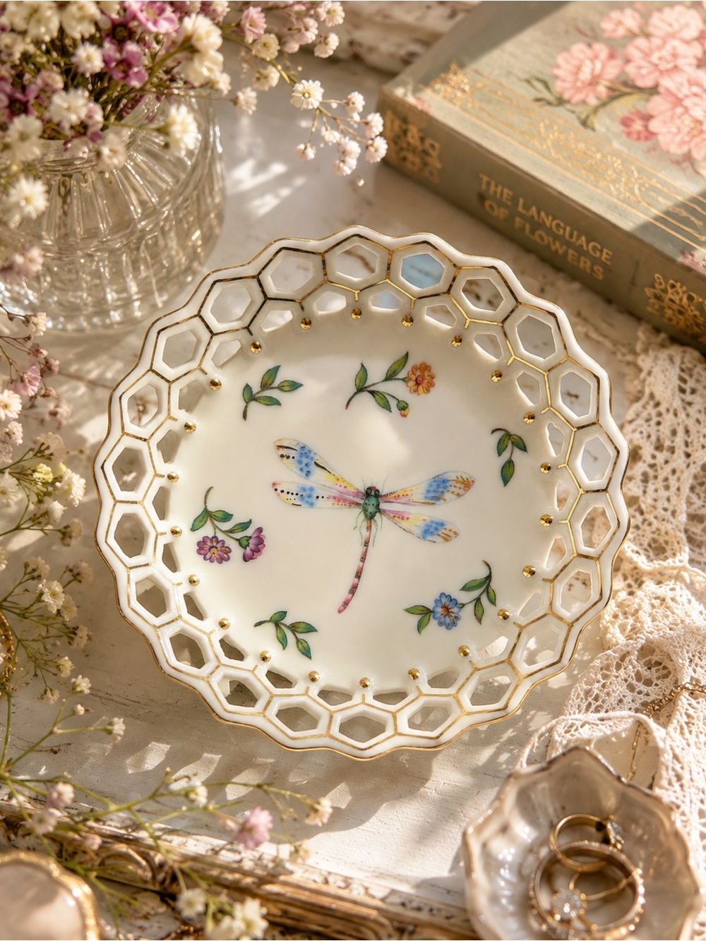 Skye McGhie Garden Whispers Dragonfly Reticulated Porcelain Trinket Dish Gold